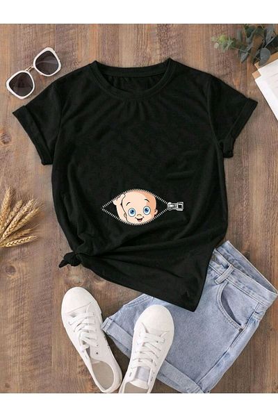 DUBU BUTİK Černé oversize těhotenské a kojenecké tričko s výstřihem a potiskem na zip