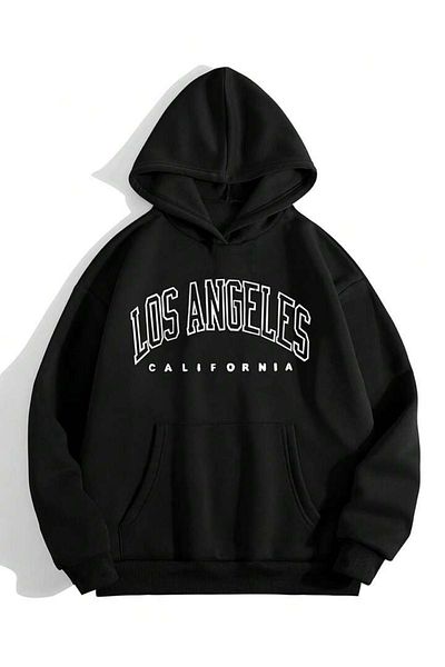 DUBU BUTİK Φούτερ Los Angeles California - Μαύρη στάμπα με κουκούλα μεγάλου μεγέθους