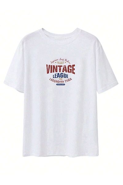 DUBU BUTİK Vintage College T-Shirt - White Printed Oversize Crew Neck Short Sleeve