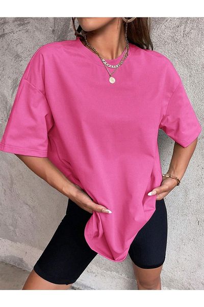 DUBU BUTİK Απλό μπλουζάκι Basic - κοντομάνικο ροζ Oversize Crew Neck