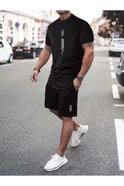 DUBU BUTİK Oversize Μαύρο Σορτς και Σετ T-Shirt - Εκτυπωμένο