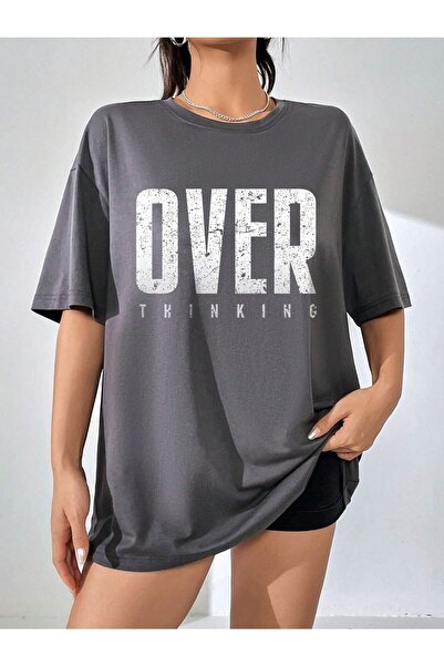 DUBU BUTİK Over Thinking T-shirt - Smoked Printed Oversize Crew Neck Short Sleeve T-Shirt