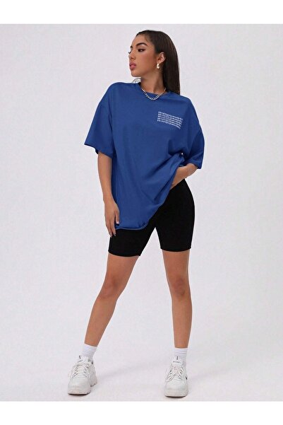 DUBU BUTİK Μπλουζάκι Alphabet - Saks Blue Printed Oversize Crew Neck Κοντό μανίκι