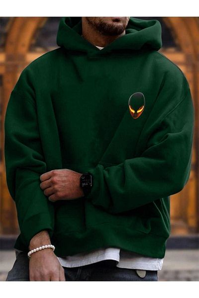 DUBU BUTİK Green Alien Logo Oversize Hooded Sweatshirt
