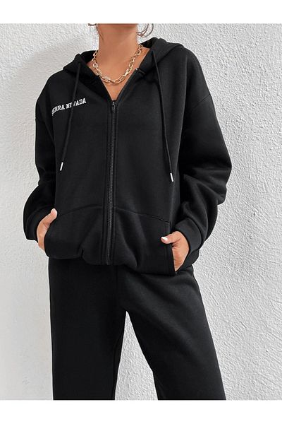 DUBU BUTİK Sirra Newada Cardigan Sweatpants Jogger- Black Bottom Top Combination Set Printed Oversize Hooded
