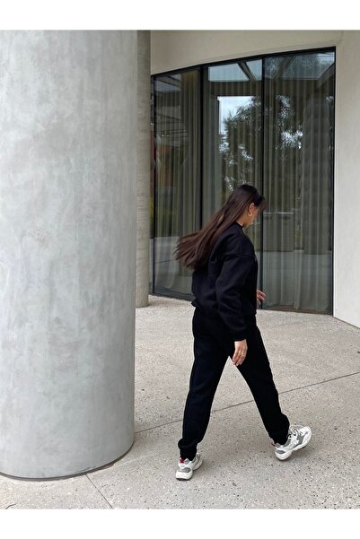 DUBU BUTİK Σετ φόρμας Ellore Australia Sweatshirt Jogger - Μαύρη στάμπα Oversize Raster Crew Neck