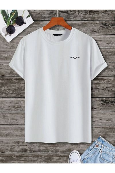 DUBU BUTİK Μίνιμαλ μπλουζάκι με λογότυπο Bird - Λευκό Oversize Printed Crew Neck