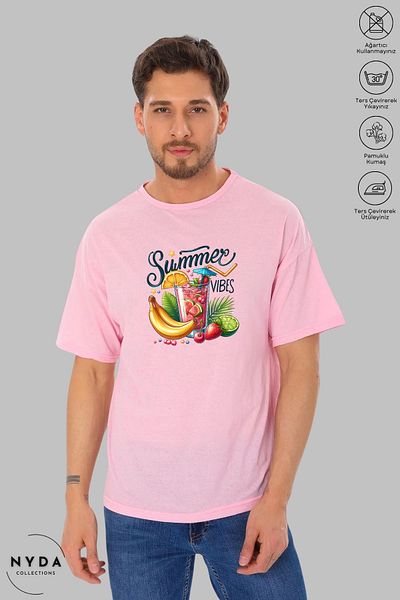 Nyda Collections Unisex Crew Neck Summer Vibes εμπριμέ βαμβακερό μπλουζάκι με κοντό μανίκι