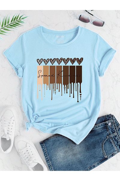 DUBU BUTİK Μπλουζάκι μονό ζέρσεϊ με καρδιές Leopard Pattern - Μπλουζάκι με κοντό μανίκι με λαιμόκοψη Baby Blue