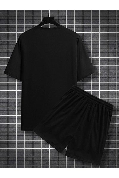 DUBU BUTİK Σετ μαύρο μπλουζάκι και σορτς X Smile - Oversize Crew Neck Printed