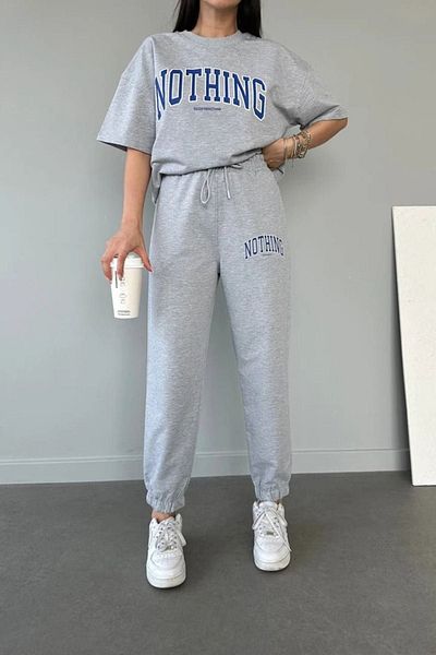DUBU BUTİK Nothing T-shirt Sweatpants Jogger - طقم بدلة رياضية بطبعة رمادية من الأسفل ورقبة دائرية كبيرة الحجم