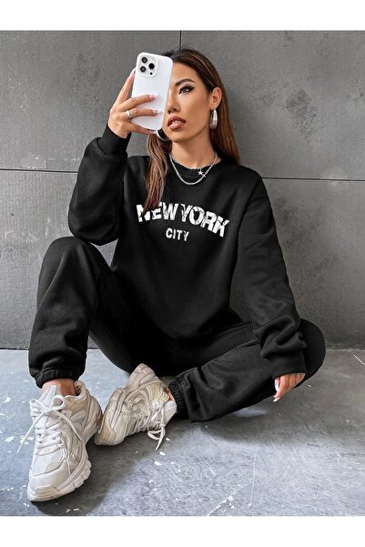 DUBU BUTİK New York City αθλητική φόρμα Jogger - Μαύρη στάμπα Oversize Crew Neck