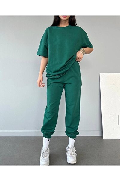 DUBU BUTİK Basic T-shirt Sweatpants Jogger - Σετ αθλητικής φόρμας με πράσινο Flat Top Top Oversize Crew Neck