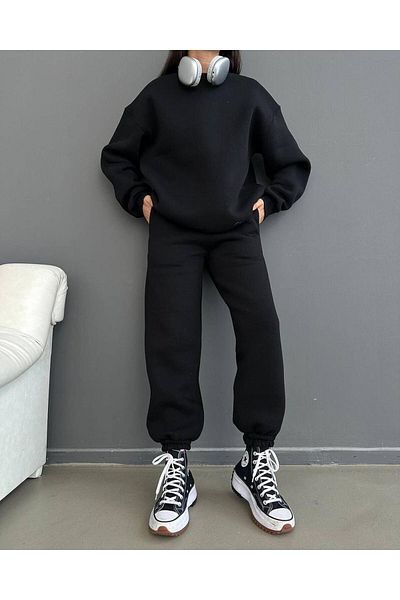 DUBU BUTİK Unprinted Sweatpants Set Sweatshirt Jogger - Μαύρο Oversize Raster Crew Neck