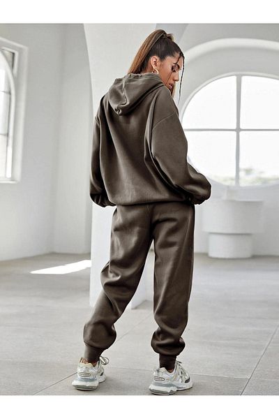 DUBU BUTİK Σετ φόρμας Sierra Nevada Φούτερ Jogger - Καφέ στάμπα Oversize με κουκούλα