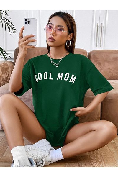 DUBU BUTİK Tricou Cool Mom - Tricou cu mânecă scurtă oversize cu mânecă scurtă cu imprimeu verde