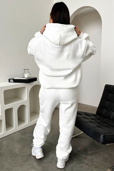 DUBU BUTİK Σετ φόρμας Chicago Sweatshirt Jogger - White Printed Oversize Raised Hooded