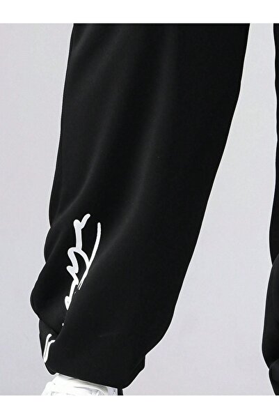 DUBU BUTİK High Waist Elastic Leg - Black Printed Jogger Sweatpants