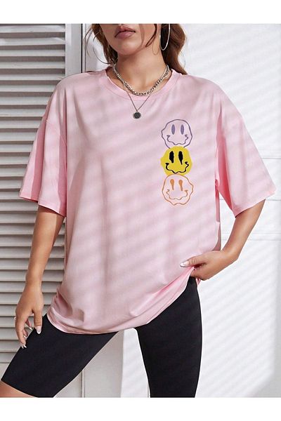 DUBU BUTİK T-Shirt Emoji - Κοντό μανίκι με ροζ στάμπα Oversize Crew Neck