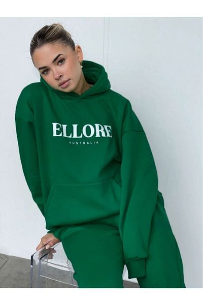 DUBU BUTİK Σετ φόρμας Ellore Australia Φούτερ Jogger - Πράσινη στάμπα Oversize Raised Hooded