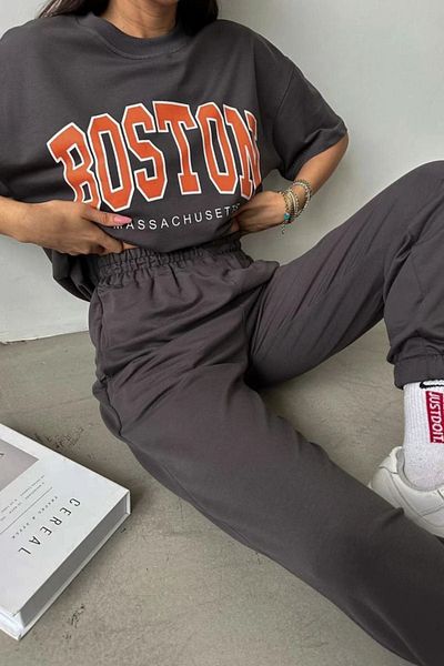 DUBU BUTİK Boston T-shirt Sweatpants Jogger - Smoked Printed Bottom Top Σετ φόρμας Oversize Crew Neck