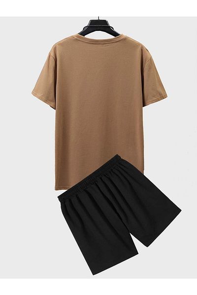 DUBU BUTİK Къси панталони Moon T-shirt - Комплект от комбинирани къси панталони с черен горен край и щампа Oversize с велосипедно деколте