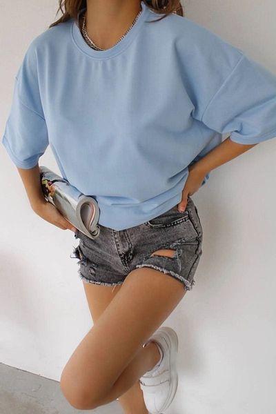 DUBU BUTİK Unisex Baby Blue Cotton Oversize T-shirt - Crew Neck