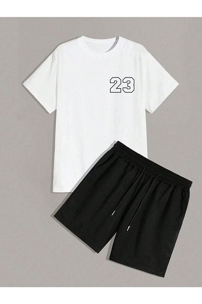 DUBU BUTİK 23 Count T-shirt Shorts - White Black Bottom Top Set Shorts T-shirt Combination Printed Crew Neck
