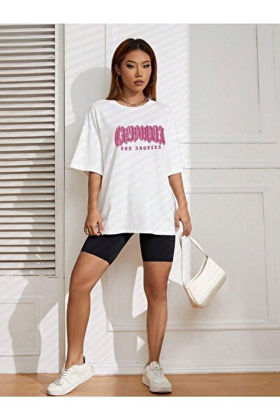 DUBU BUTİK Tricou California Letter - Tricou cu mânecă scurtă oversize, cu decolteu, cu imprimeu alb