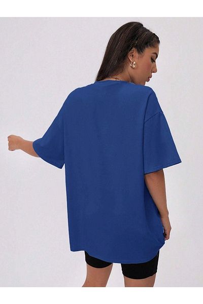 DUBU BUTİK Alphabet T-Shirt - Saks Blue Printed Oversize Crew Neck Short Sleeve