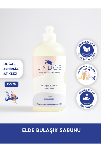 Lindos Doğal Elde Bulaşık Deterjanı %100 Bitkisel Güçlü Lavanta Yağlı 600 ml