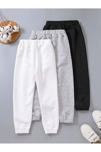 DUBU BUTİK 3 Pack California Sweatpants Jogger - Λευκό Γκρι Μαύρο Λαστιχένιο πόδι ψηλόμεσο