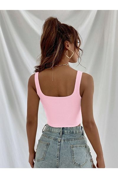 DUBU BUTİK Strappy Ribbed Crop Top Μπλούζα - Ροζ