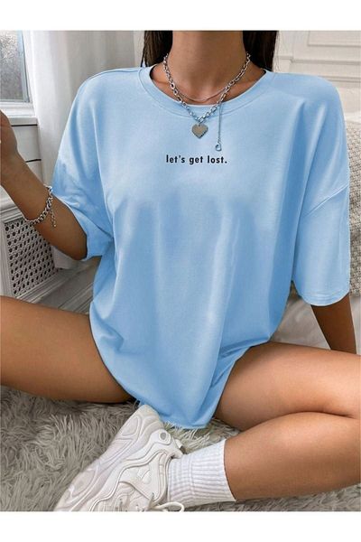 DUBU BUTİK Μπλουζάκι Baby Blue Printed Oversize Let's Get Lost T-shirt - Crew Neck, κοντομάνικο