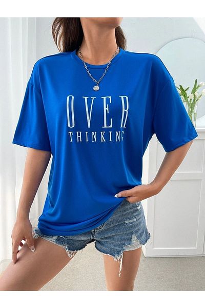DUBU BUTİK Μπλουζάκι Over Thinking - Μπλουζάκι με κοντό μανίκι Saks Blue με στάμπα Oversize Crew Neck