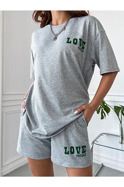 DUBU BUTİK Love T-Shirt & Shorts, Gray 2-Piece Combination, Oversize Crew Neck Set