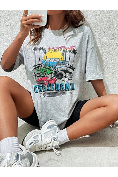 DUBU BUTİK California Cars T-shirt - Gray Printed Oversize Crew Neck Short Sleeve T-Shirt