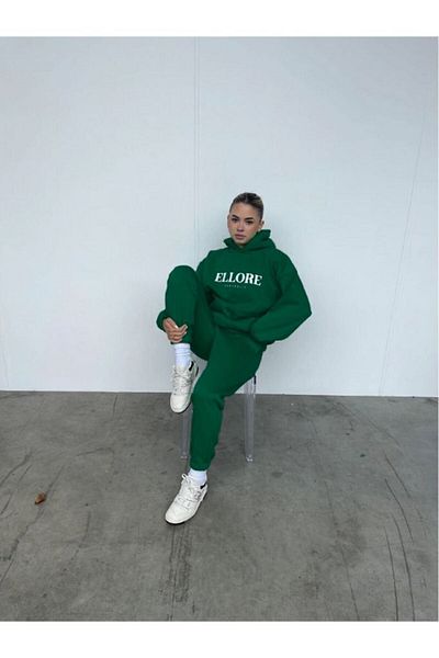 DUBU BUTİK Σετ φόρμας Ellore Australia Φούτερ Jogger - Πράσινη στάμπα Oversize Raised Hooded