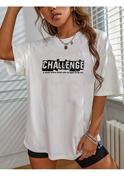 DUBU BUTİK Unisex Λευκό βαμβακερό μπλουζάκι Relaxed Cut Oversize Challenge Printed