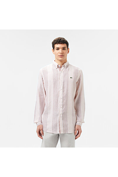Lacoste Erkek Regular Fit Çizgili Keten Kahverengi Gömlek
