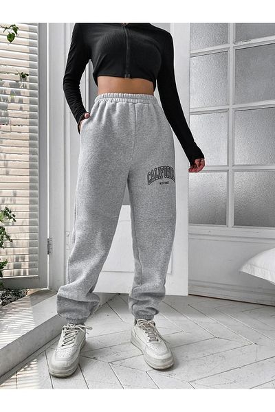 DUBU BUTİK Καλιφόρνια West Coast Sweatpants Jogger - Γκρι εμπριμέ λαστιχένιο πόδι ψηλόμεσο