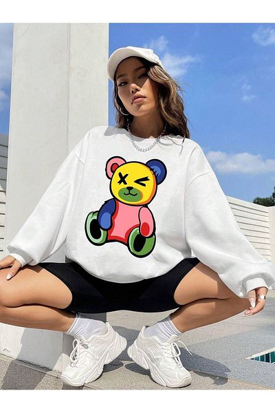 DUBU BUTİK Πολύχρωμο φούτερ Bear - Λευκό εμπριμέ Oversize Crew Neck