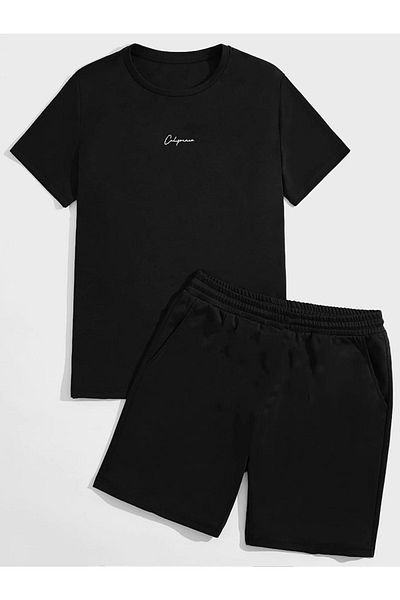 DUBU BUTİK California Signature T-shirt Shorts - Black Bottom Top Team Shorts T-shirt Combination Printed Crew Neck