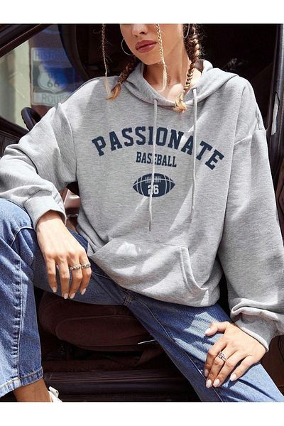 DUBU BUTİK Φούτερ μπέιζμπολ Passionate - Κουκούλα με γκρι στάμπα