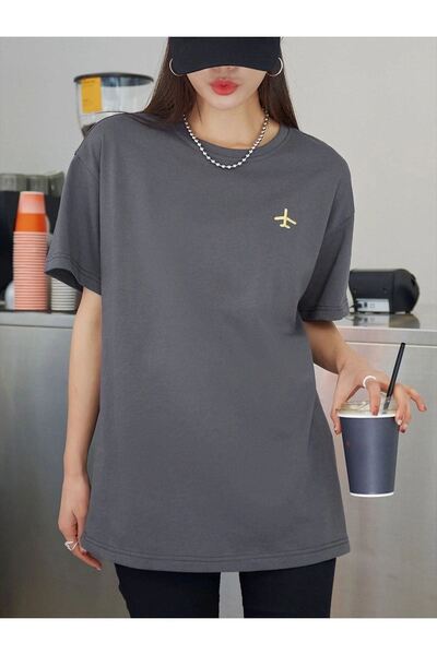 DUBU BUTİK Airplane Logo T-Shirt - Smoke Printed Oversize Crew Neck Short Sleeve