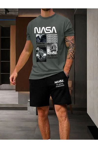DUBU BUTİK Black Shorts Smoked T-Shirt Set NASA Printed Oversize Unisex