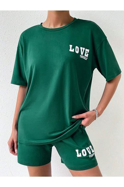 DUBU BUTİK Love Yourself T-shirt Shorts - Green Bottom Top Combination Shorts T-shirt Set Printed Oversize Crew Neck
