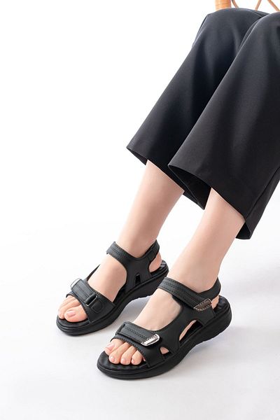 MarjinalTrendim Dm-363 Black Helmet Velcro Stitched Daily Women's Sandals