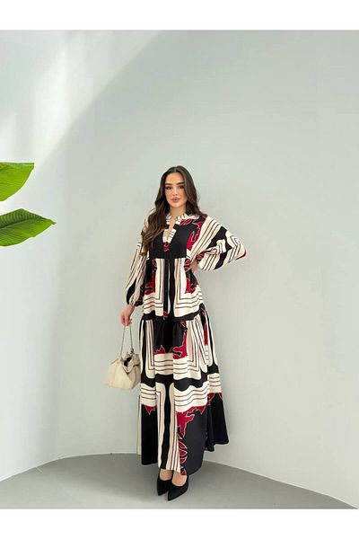 PREMİER VİE Hijab New Season Ecru Μαύρο Καλοκαιρινό Φόρεμα Βισκόζης