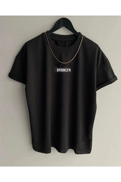 DUBU BUTİK Brooklyn Minimal Text T-Shirt - Black Printed Oversize Crew Neck Short Sleeve